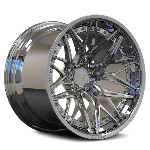 Custom forged 2-piece concave Corvette C8 wheels, showcasing a chrome finish and intricate design.
