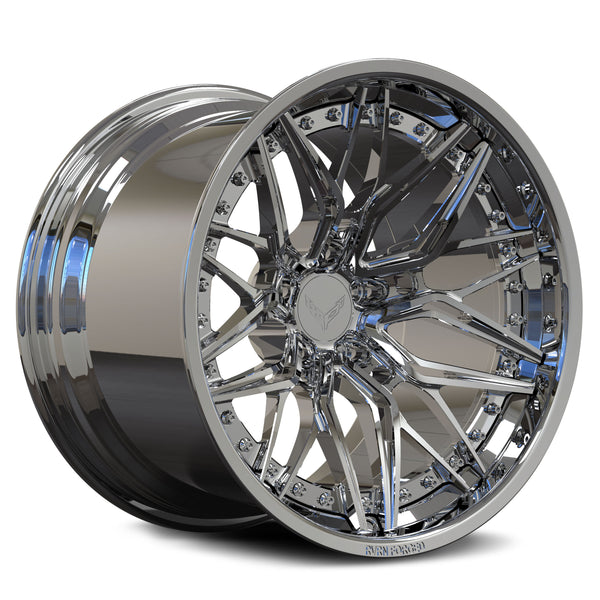 Custom forged 2-piece concave Corvette C8 wheels, showcasing a chrome finish and intricate design.