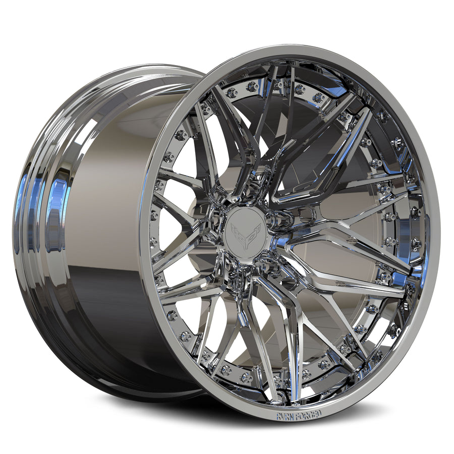 Custom forged 2-piece concave Corvette C8 wheels, showcasing a chrome finish and intricate design.