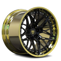 RVRN RV-C081 forged deep lip wheels black with gold finish designed for Camaro inspired muscle car applications and custom forged setups