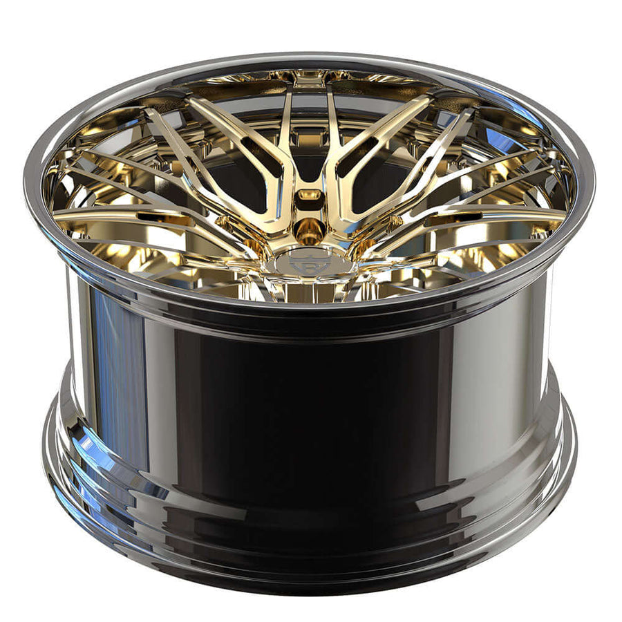 RVRN RV-C081 forged multi spoke BMW M4 wheels featuring chrome and frozen gold custom 2-piece construction