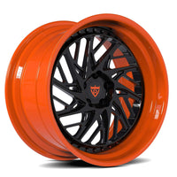 RVRN RV-C13 custom forged 3-piece deep concave directional wheels for GMC Sierra 1500 in orange with black finish