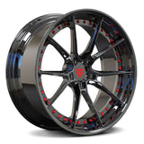RVRN RV-DB082 custom forged 10 spoke 2-piece wheel for Audi A4 in black chrome with red screws, featuring custom styling and vehicle-specific performance fitment