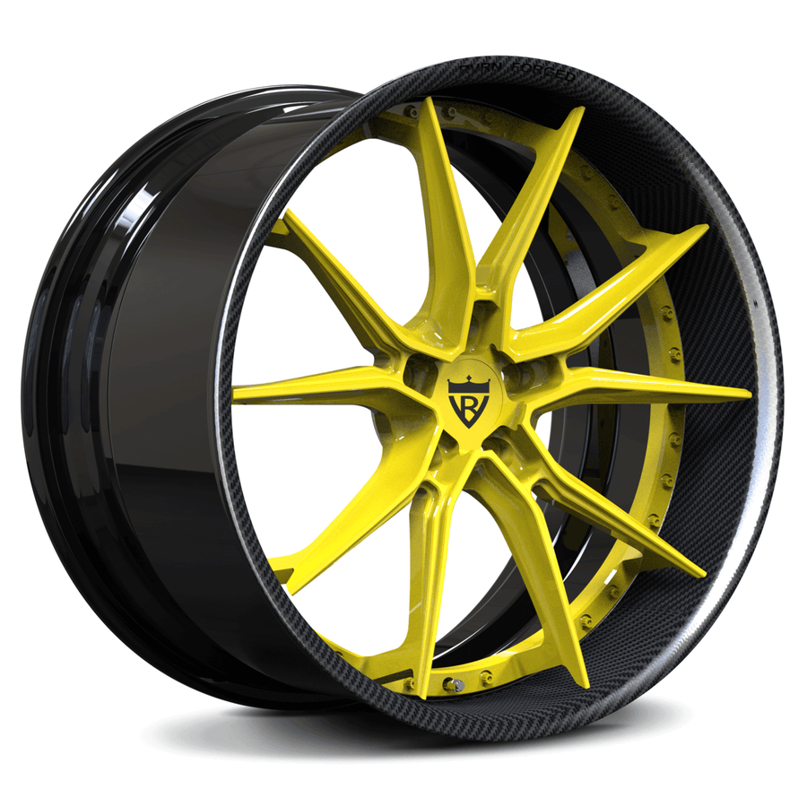 RVRN RV-DB082 custom forged 10 spoke 2-piece wheel for McLaren 720S in yellow with black, designed for lightweight performance and personalized fitment
