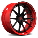 RVRN RV-DB082 forged 10 spoke Dodge Charger wheels with gloss black spokes and red barrel, custom 2-piece lightweight performance wheels for muscle car applications
