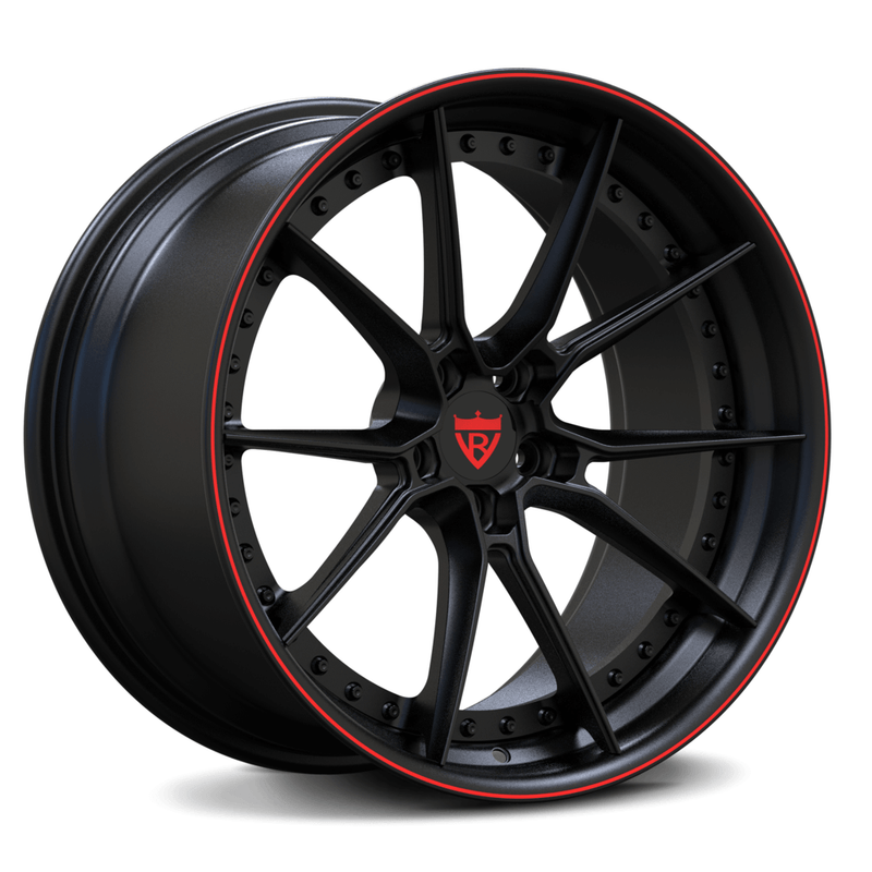RVRN RV-DB082 forged 10 spoke Dodge Ram wheels in matte black with red lip stripe, custom 2-piece lightweight performance wheel design for Dodge Ram fitment