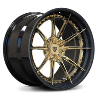RVRN RV-DB082 forged 10 spoke Ford Mustang wheels with polished frozen gold spokes, gloss black barrel and carbon fiber wrapped lip, custom 2-piece performance fitment