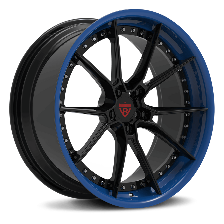 RVRN RV-DB082 custom 2-piece forged Tesla wheels in blue and chrome finish for Tesla Model S with lightweight 10 spoke design