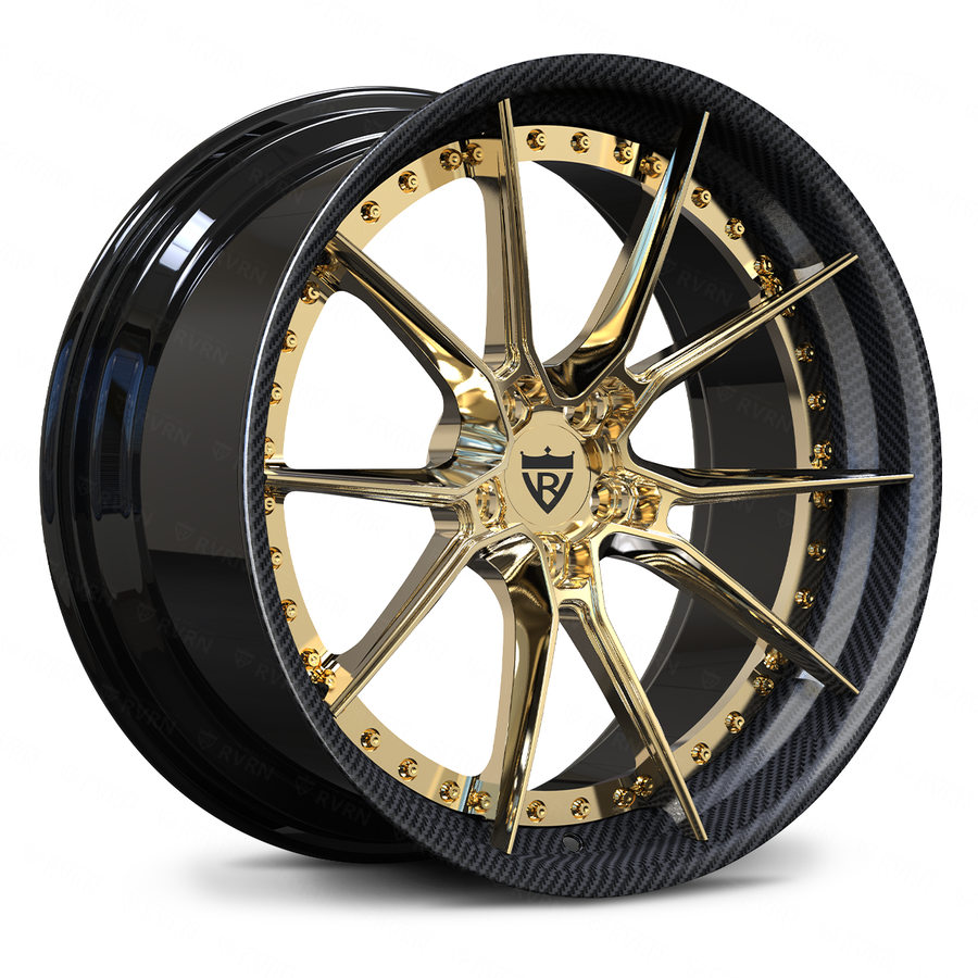 Aston Martin 10 spoke custom wheels in a gold, black and carbon fiber wrapped lip combination for a striking appearance