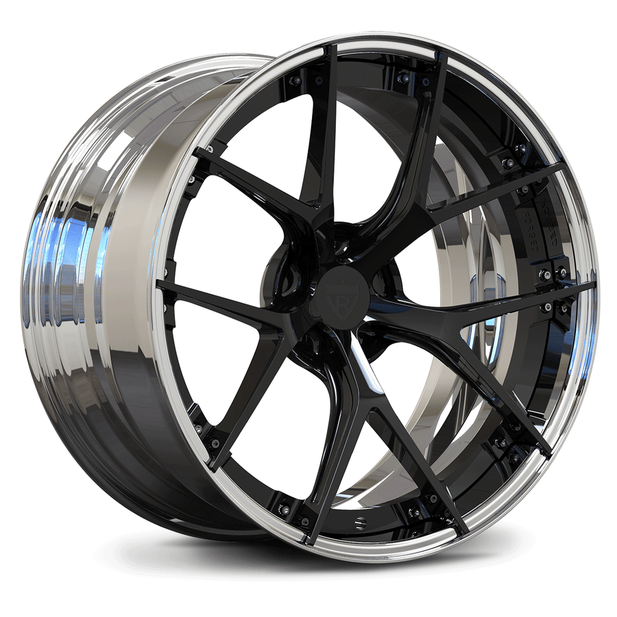 RVRN RV-DB189 Y spoke forged wheels for BMW M4 featuring black with chrome finish, custom 2-piece lightweight performance wheel design