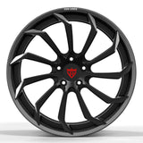 Front view of RVRN RV-DC01 CF dynamic multi-spoke carbon fiber forged wheel with matte black center and red logo