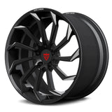 Side view of RVRN RV-DC01 CF dynamic multi-spoke carbon fiber forged wheel with matte black center and red logo