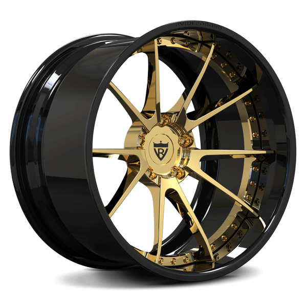 RVRN RV-DC02 custom forged 2-piece gold and black rims featuring a deep dish wheel profile and 10 spoke design for Corvette C8 performance applications