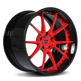RVRN RV-DC02 custom forged 10 spoke deep dish wheels for BMW M4 CSL with red spokes and gloss black barrel, aggressive 2-piece performance styling