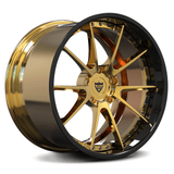 RVRN RV-DC02 forged 10 spoke deep dish wheels for Corvette C7 Z06 in polished gold with gloss black lip, custom 2-piece construction and deep dish performance design