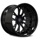 RVRN RV-DC04 forged deep dish Y-spoke wheel for Corvette C8 Z06 in black with blue cap, featuring custom 2-piece construction, deep concavity and personalized wheel styling