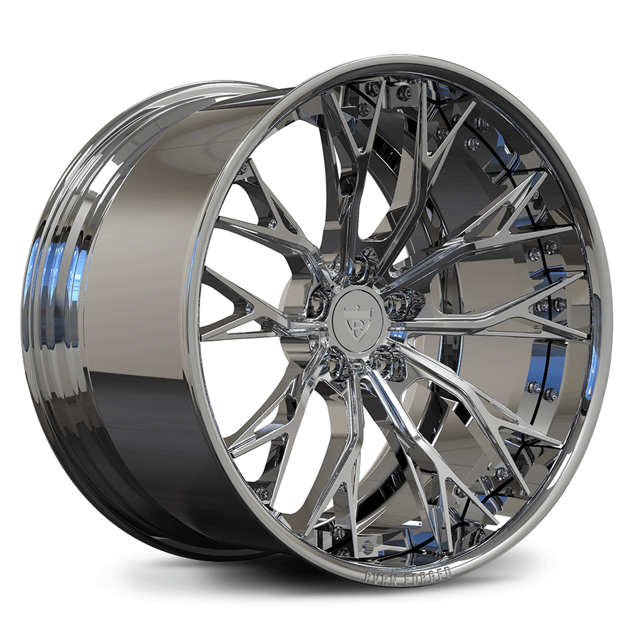 Custom forged 2-piece chrome wheel designed for Lexus vehicles, featuring intricate multi-spoke pattern and high shine finish.