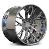 Custom forged 2-piece chrome wheel designed for Lexus vehicles, featuring intricate multi-spoke pattern and high shine finish.