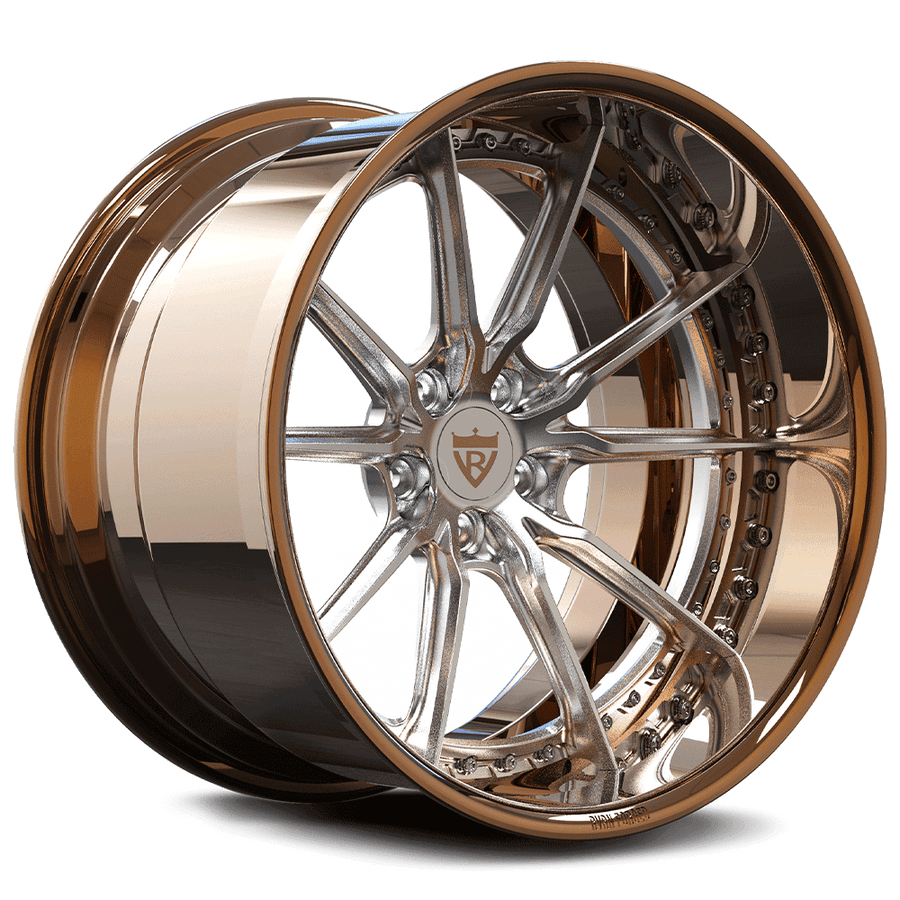 RVRN RV-DC05 deep dish 10 spoke forged wheels for Lamborghini Urus with brushed silver spokes and polished bronze barrel, custom SUV wheels with lightweight forged construction and design your own wheels options