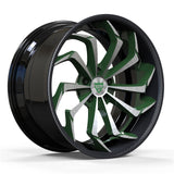 RVRN RV-DC06 custom forged directional Corvette C7 Stingray wheels in black and green, featuring lightweight 2-piece construction, aggressive styling, and personalized finish options