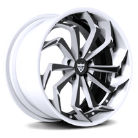 RVRN RV-DC06 custom forged directional Corvette C7 Stingray wheels in black and white, combining lightweight 2-piece construction with an aggressive directional design