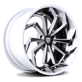 RVRN RV-DC06 custom forged directional Corvette C7 Stingray wheels in black and white, combining lightweight 2-piece construction with an aggressive directional design