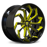RVRN RV-DC06 custom forged 2-piece directional Corvette C8 wheels in black and yellow, combining a bold directional profile with lightweight performance-focused construction