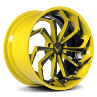 RVRN RV-DC06 custom forged directional McLaren 720S wheels in black and yellow, featuring lightweight 2-piece construction and an aggressive performance wheel design