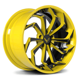 RVRN RV-DC06 custom forged directional McLaren 720S wheels in black and yellow, featuring lightweight 2-piece construction and an aggressive performance wheel design