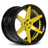 RVRN RV-DC19 Porsche 911 custom forged 6 spoke concave wheels in black with yellow accents and a premium two-piece design