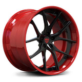 RVRN RV-DC24 custom forged Y spoke wheels for BMW M4 with gloss black spokes and brushed red barrel in a deep concave profile