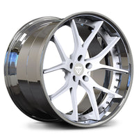 RVRN RV-DC24 lightweight forged Y spoke wheels for BMW M4 with white spokes and chrome barrel, combining custom styling with performance construction