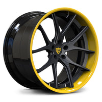 RVRN RV-DC24 forged Y spoke wheels for McLaren 720S with carbon fiber wrapped spokes, gloss black barrel and yellow lip