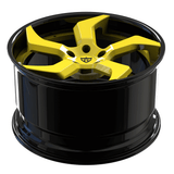 Front face view of RVRN RV-DC25 forged 5 Spoke wheel in yellow and black finish designed for custom Corvette C8 wheel applications