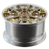 Close-up of Frozen Gold RV-DC26 custom forged Corvette rims featuring elegant 10 spoke styling and precision craftsmanship
