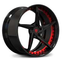 Custom forged 5 spoke concave wheel with black and red finish, designed for c8 Corvette Z51 and aftermarket applications.