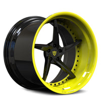 RVRN RV-DC35 gloss black forged wheel with an Accelerate Yellow lip for a color-matched C8 Corvette build