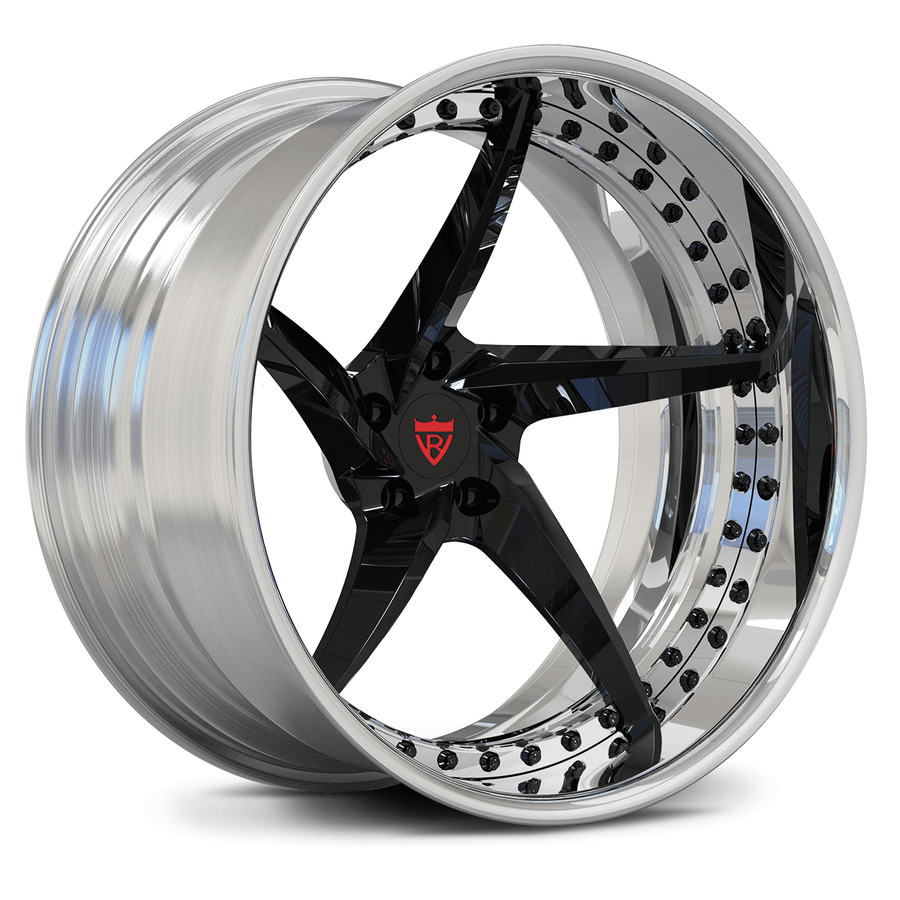 RVRN RV-DC35 forged deep dish 5 spoke wheels for Dodge Charger R/T in chrome with black, custom old school muscle car wheel styling