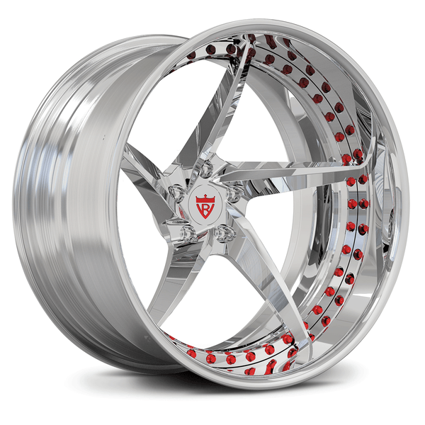Custom forged 5 spoke deep dish wheels with chrome finish and red accents, perfect for any vehicle.
