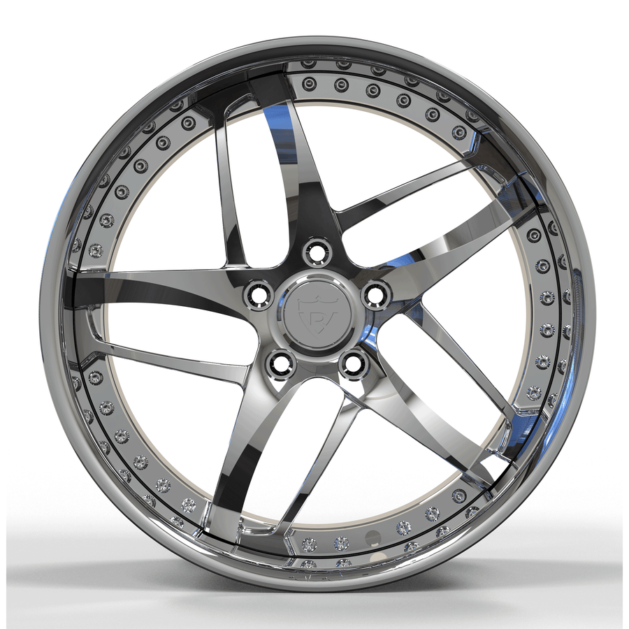 RV-DC36D chrome deep dish wheel close-up detail highlighting forged aluminum construction, deep lip styling for Corvette performance setups