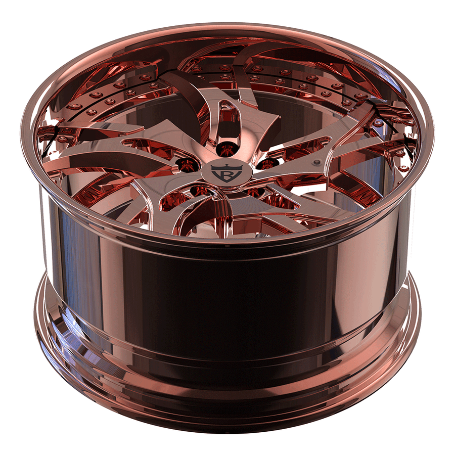 Custom RV-DC39 forged rose gold wheels showcasing directional spoke design and deep dish construction for Dodge Charger fitment