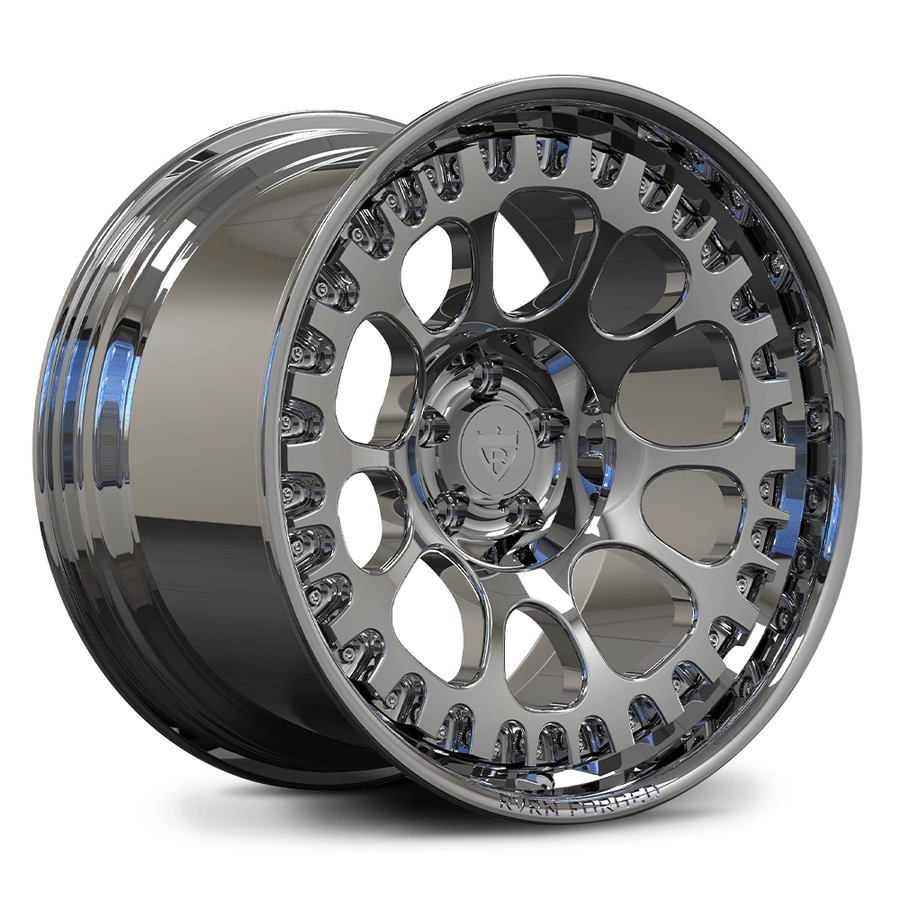 Custom forged deep dish wheels for Ford Mustang GT, featuring a sleek chrome finish for an aggressive look.