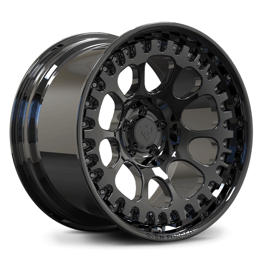 Close-up of RV-DF03 concave Mustang wheels showing custom forged spokes and precision engineering