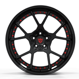 RVRN RV-DF04 custom forged concave Y spoke wheel for Dodge Challenger SRT Hellcat with matte black spokes and gloss black barrel, lightweight performance styling