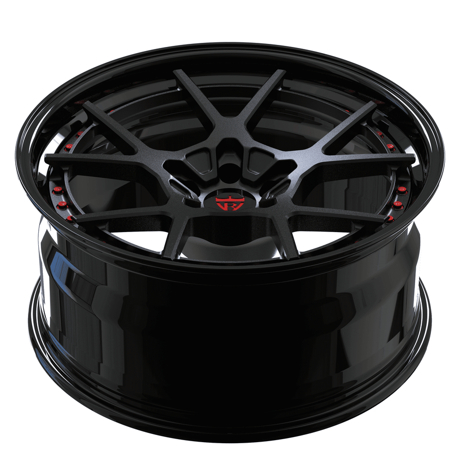 RVRN RV-DF04 forged concave Y spoke wheel for Mustang Shelby GT500 with matte black spokes and gloss black barrel, custom performance wheel design

