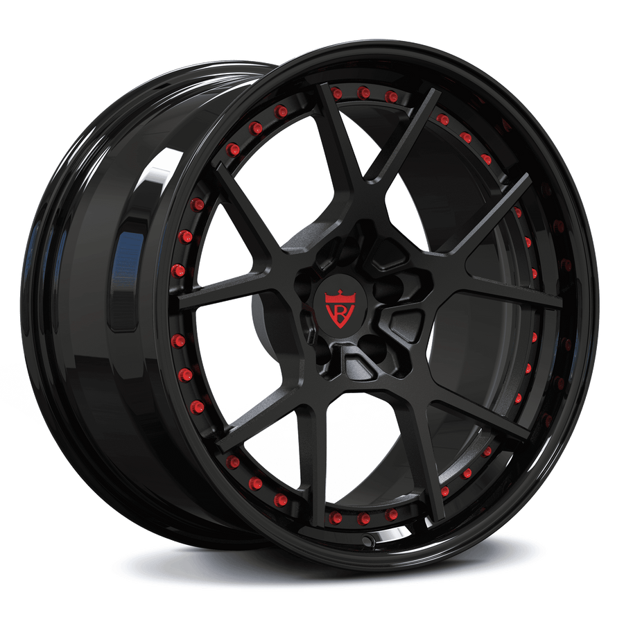 RVRN RV-DF04 custom forged Y spoke concave wheel for Mustang Dark Horse with gloss black barrel and matte black spokes, lightweight performance design