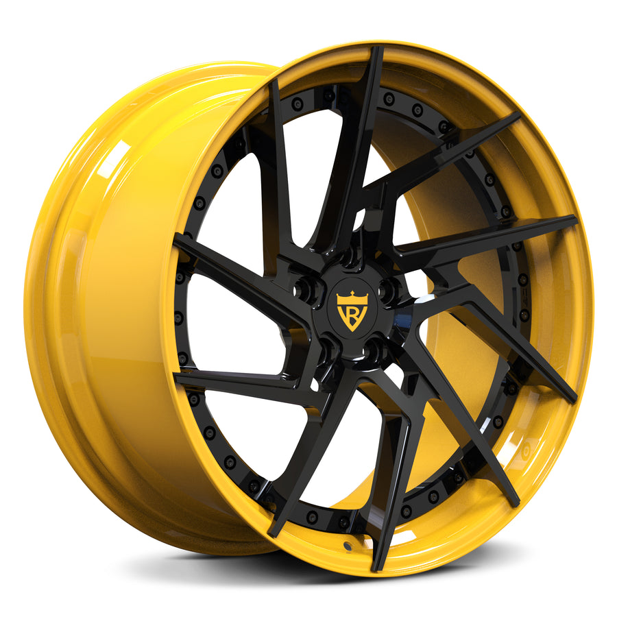 Custom lightweight Corvette C7 forged wheels by RVRN featuring advanced multi spoke yellow wheel styling and forged performance engineering