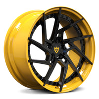 Custom lightweight Corvette C7 forged wheels by RVRN featuring advanced multi spoke yellow wheel styling and forged performance engineering