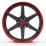 RVRN RV-DF14 forged 6 lug Ford rims in red with black finish designed for aggressive fitment truck builds