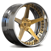 Custom forged 5 spoke chrome wheels with gold accents, designed for high performance and style.